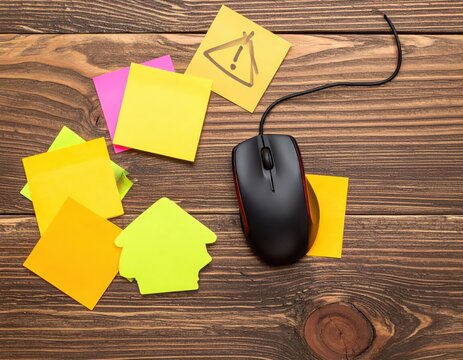 Colorful Sticky Notes and Computer Mouse on Wooden Desk in Creative Workspace