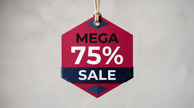 Hexagonal red tag advertising a "Mega 75% Sale," symbolizing significant discount and shopping opportunity