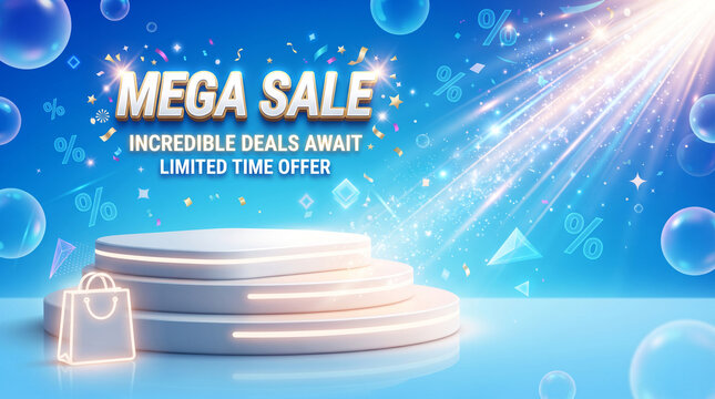 A festive, bright scene with a spotlight, confetti, and bubbles, showcasing a multi-level podium and shopping bag, symbolizing a mega sale event