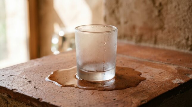 Aesthetic professional studio shot of an empty cold glass with heavy condensation droplets sitting in a puddle of water on a rustic terracotta stone ledge with natural warm sunlight.