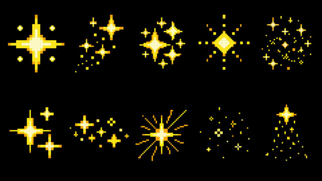 Golden Pixel Star Sparkle Game Design Collection, Retro Gold Pixel Art Game Icons