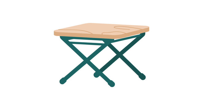 Foldable camping stool with wooden seat and teal frame on a white background