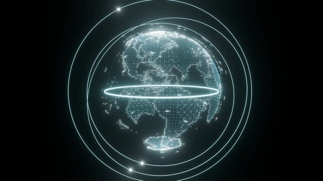 Hologram Earth globe seamless loop cyan digital planet rotating world map glowing a wireframe globe spins inside scanning rings on black for title intros event screens music clips and presentations