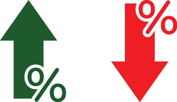Percentage arrows indicating positive and negative financial changes, interest rate movements, business performance, and economic trends.
