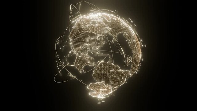 Hologram Earth globe seamless loop gold digital planet rotating world map network a golden dotted globe spins with orbit lines on black for title intros event screens music clips and presentations
