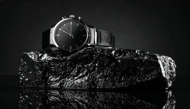 Elegant black chronograph wristwatch resting on a textured dark volcanic rock, captured in a dramatic studio setting.