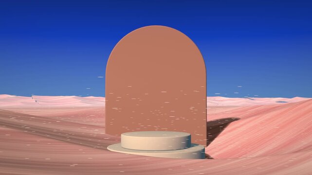 Desert podium arch seamless loop product display sand dunes blue sky wind a round stage before a terracotta arch with blowing sand for product showcases cosmetics promos title intros and presentations