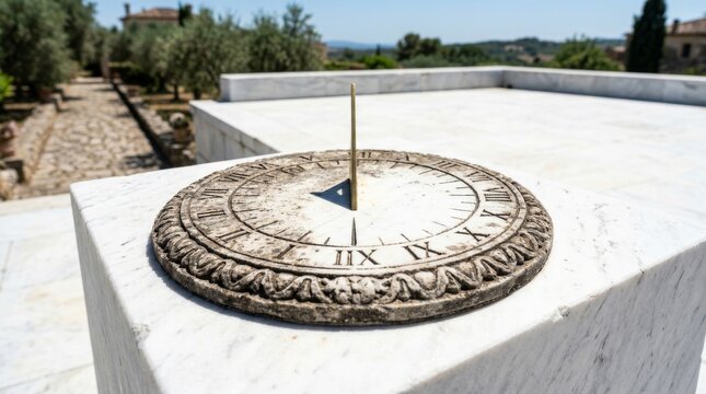 Detailed view of an ancient stone sundial with carved Roman numerals on a white marble pedestal under bright sunlight in a classic garden setting, symbolizing the history of timekeeping