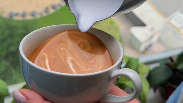 Close Up View of Fresh Cappuccino Cup with Intricate Rosetta Leaf Latte Art   