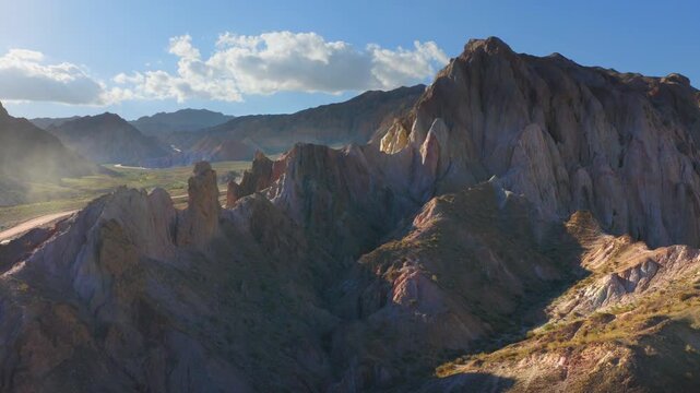 Breathtaking aerial landscape of stratified sandstone landforms in northwest China。
Aerial view of colorful Danxia valley rock formations in Gansu Alien Valley, China