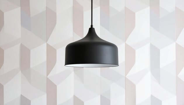 Black pendant lamp against geometric wallpaper in a bright modern interior, minimalist ceiling lighting fixture with clean lines and soft neutral tones for contemporary home decor and interior design