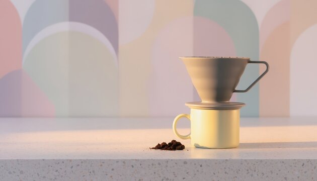 Pour-over coffee dripper on a yellow ceramic mug and terrazzo countertop, with scattered coffee grounds against a soft pastel geometric backdrop, creating a warm, minimalist coffee brewing scene at