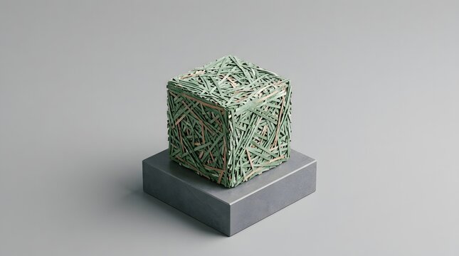 Compressed geometric cube made of shredded green paper resting on stone pedestal illustrating financial investment strategy and wealth