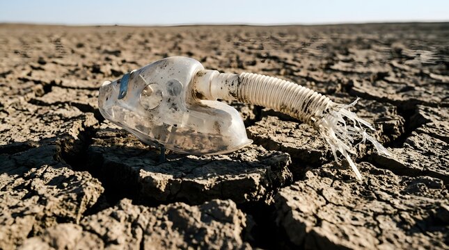 Discarded clear plastic oxygen mask resting on parched cracked earth illustrating climate crisis severity and environmental destruction