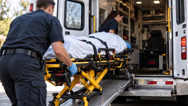 Two paramedics in dark uniforms and blue gloves loading a patient on a yellow stretcher into an ambulance. Patient covered with white sheet. Emergency medical services. Outdoor scene. Daytime