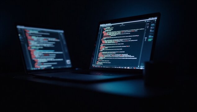 Laptop and monitor with source code on dark screen, symbolizing data analysis, code writing, and prediction for digital strategy.