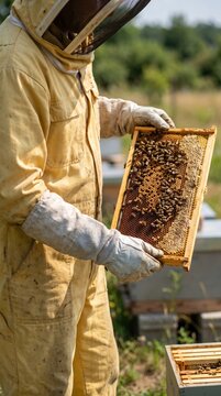 Manual inspection of a bee colony on a golden honeycomb frame held by a professional apiarist.