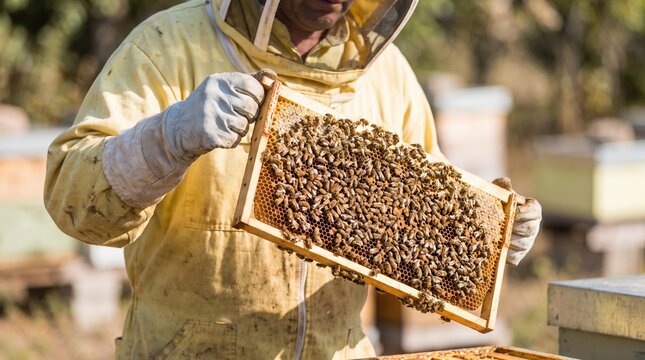 Manual inspection of a bee colony on a golden honeycomb frame held by a professional apiarist.