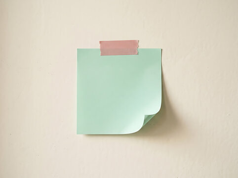 Green sticky note attached with pink tape on wall