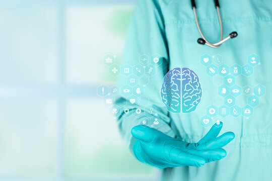 Concept of modernity in medicine and digital neurology for the treatment of neurodegenerative diseases. A professional presents the silhouette of a brain. Isolated image with copy space.
