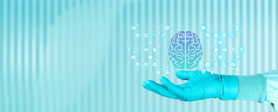 Concept of education regarding neurological diseases and brain health. A doctor's hand displays a brain icon. Isolated with copy space.