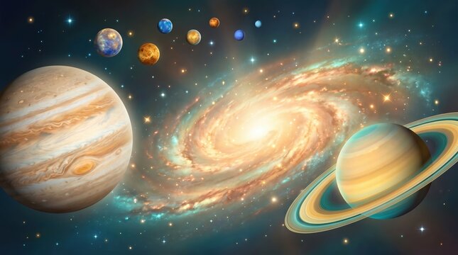Colorful galaxy with planets and stars in deep space, astronomy and science concept for universe exploration, cosmic background and futuristic design