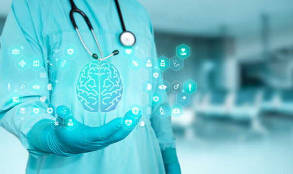 Innovation in neurological health and medical technology for neurodegenerative diseases. The specialist displays a graphic representation of the brain.