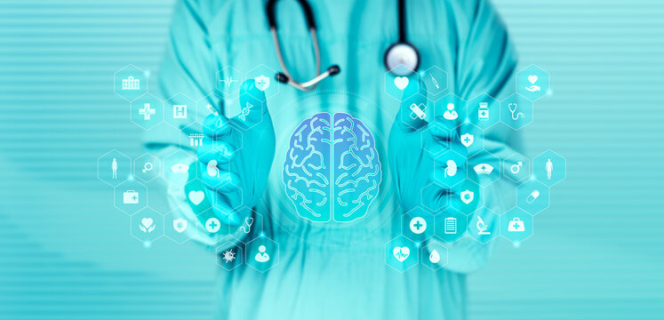 Technology applied to neurology and cognitive health care. A physician observes a brain icon standing out against an emerald green bokeh background.