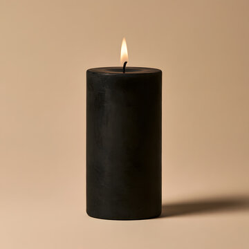 Single Lit Black Pillar Candle Burning on Neutral Beige Background, Minimalist Halloween Concept