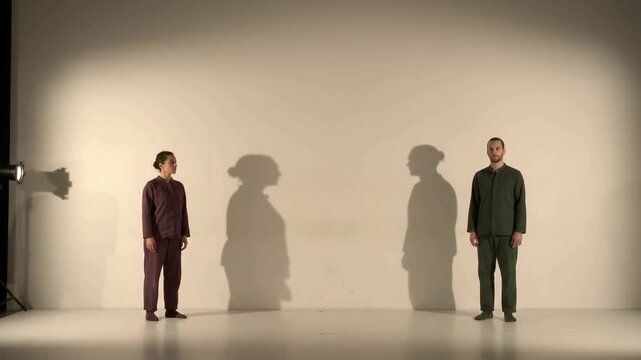 Woman Walking Backward To Change The Size Of Her Shadow Next To A Man In A Studio