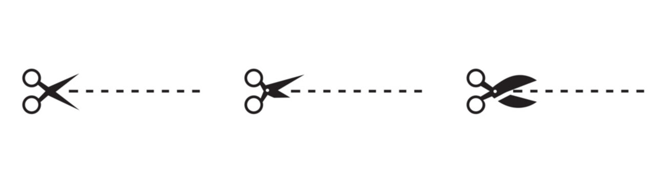 Scissors cutting along dashed line set vector illustration isolated