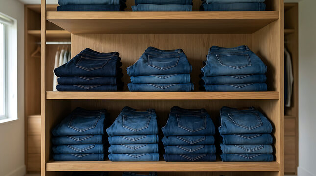 Neatly folded blue denim jeans stacked on wooden shelves in a boutique clothing store