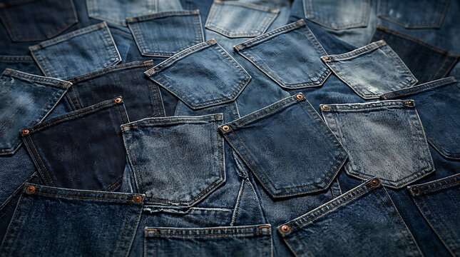 Collage of assorted blue denim jeans pockets background texture and pattern