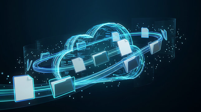 Data migration concept with digital cloud computing and flowing files and folders