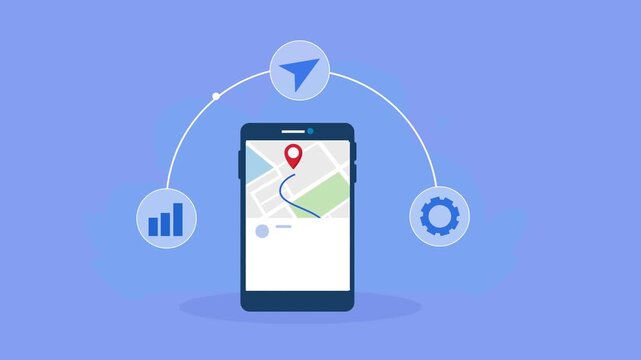 Flat vector animation showing a smartphone map connected to navigation, analytics, and settings icons for digital mapping, route planning, and location services.