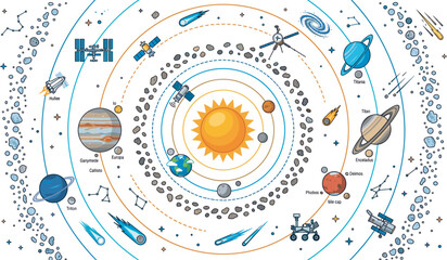 Educational solar system vector illustration featuring planets sun asteroid belt orbit lines space satellites spaceships and constellations on clean white background © Atik