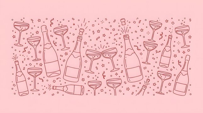 A festive background pattern featuring champagne bottles and glasses, with confetti scattered around. The overall theme is celebratory and joyous