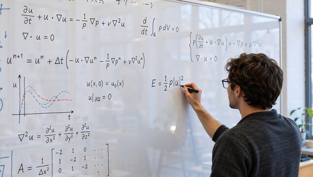 Young Caucasian man wearing glasses writing complex mathematical equations and formulas on a large whiteboard in a bright, modern research laboratory setting, focused on his work