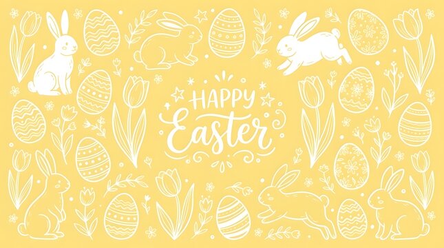 A festive Easter graphic with white line art of bunnies, eggs, and tulips on a pastel yellow background. The words Happy Easter are prominently displayed in the center