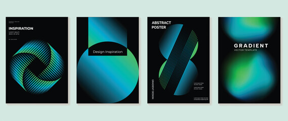Naklejka premium Futuristic Cyan Green Gradient Poster Set Vector with Glowing Mesh Rings, Curved Geometric Forms, Dark Background for Modern Wall Art, Technology Branding, Editorial Cover, Print