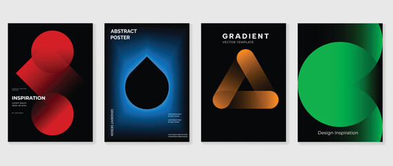 Fototapeta premium Abstract Gradient Poster Set Vector with Bold Geometric Shapes, Neon Red Blue Orange Green Forms on Dark Background for Modern Wall Art, Editorial Layout, Branding, Cover, Print Design