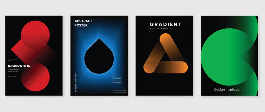 Abstract Gradient Poster Set Vector with Bold Geometric Shapes, Neon Red Blue Orange Green Forms on Dark Background for Modern Wall Art, Editorial Layout, Branding, Cover, Print Design