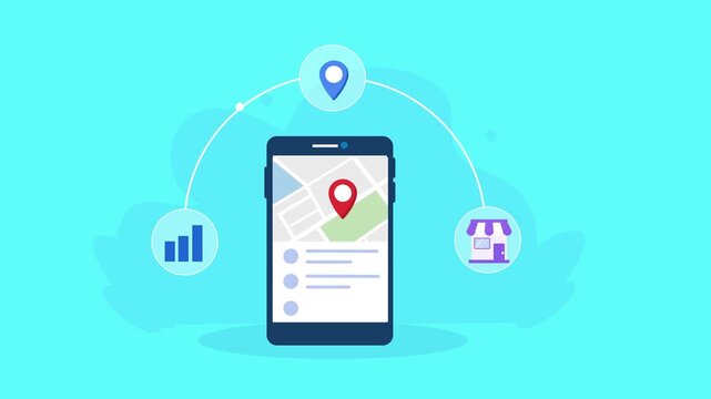 Flat vector animation showing a smartphone map interface connected to location, analytics, and storefront icons for navigation and local business discovery.