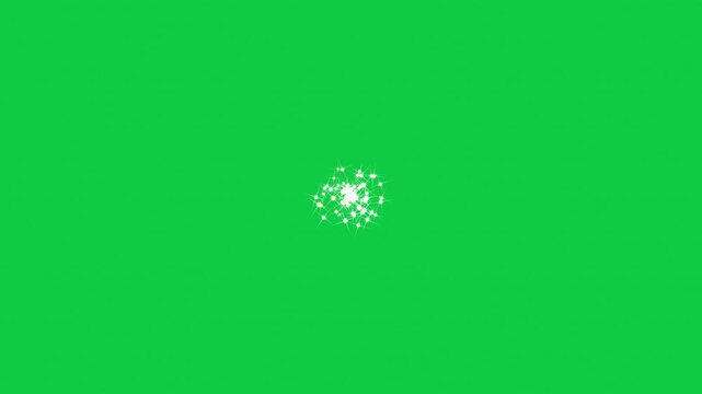White star sparkles gathering into a bright glowing core at the center of a chroma key green screen, then exploding into two horizontal streams that race out to the left and right edges