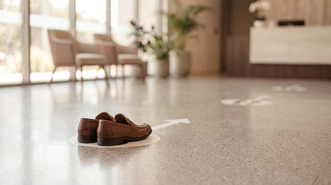 Brown shoes on social distancing markings in a public place  