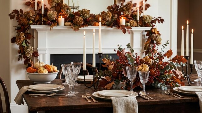Elegant dining table set for a festive thanksgiving dinner with candles and autumn floral decorations in home
