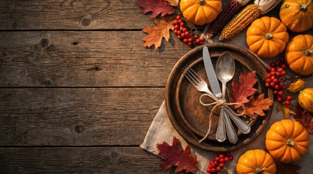 Rustic thanksgiving dinner table setting with pumpkins and autumn leaves on a dark wooden background top view
