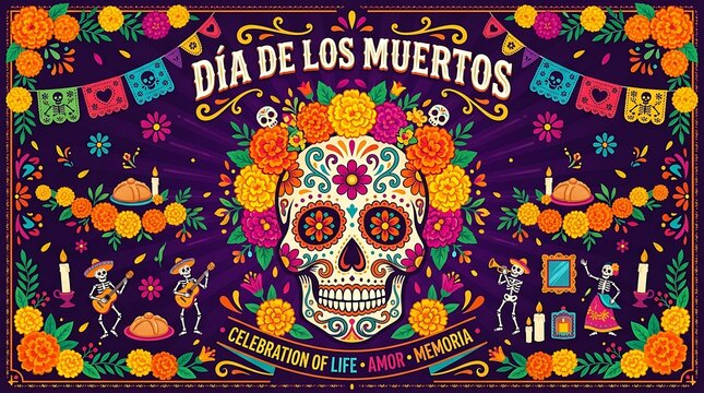Vibrant D&iacute;a de los Muertos celebration illustration with sugar skulls