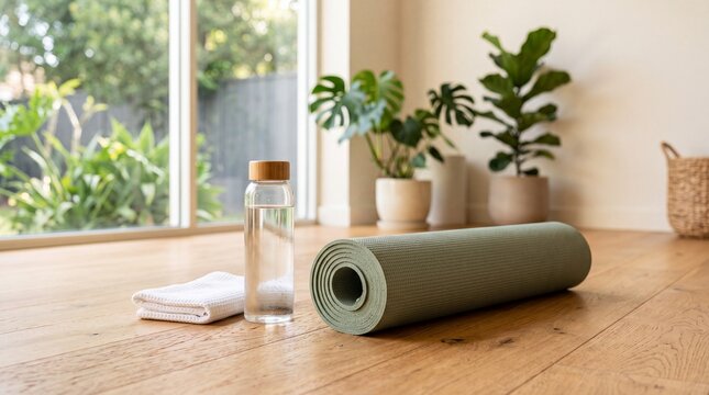 A rolled yoga mat sits beside a water bottle and a folded towel. Home practice and healthy routines for fitness and wellness themes.