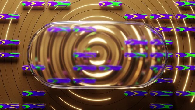 Futuristic glass capsule with colourful moving shapes and golden circular waving background 3D loop